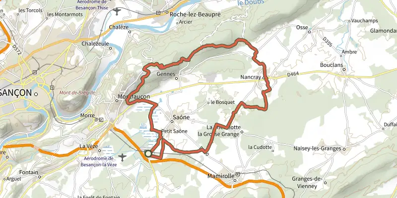Carte du tracé de Saône qui peut sur le Plan IGN, départ et points de passage numérotés