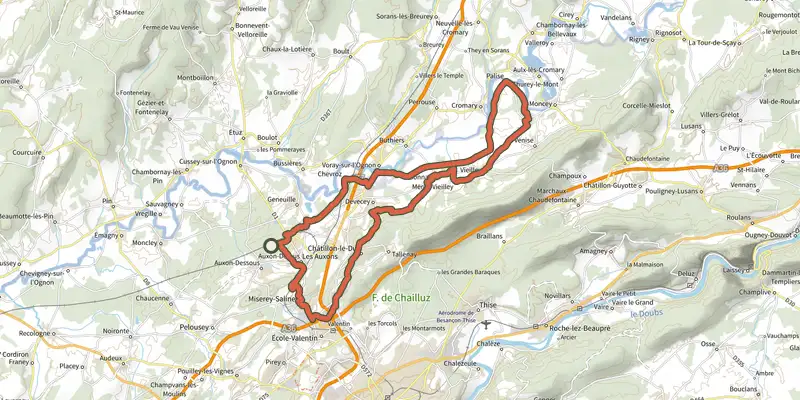 Map of the L’Ognon fait la force track on the IGN map, with the start and numbered waypoints