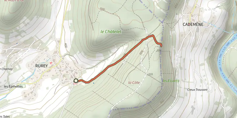 Map of the Sentier botanique de Rurey track on the IGN map, with the start and numbered waypoints