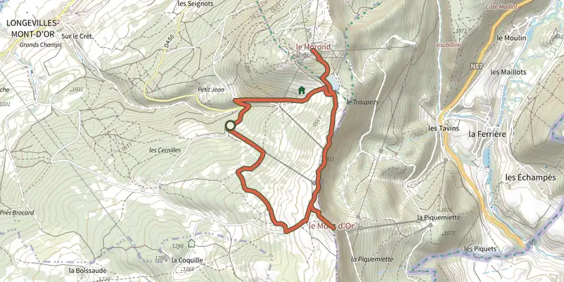 Carte du tracé de Sentier du Lac aux Crêtes du Mont d'Or sur le Plan IGN, départ et points de passage numérotés