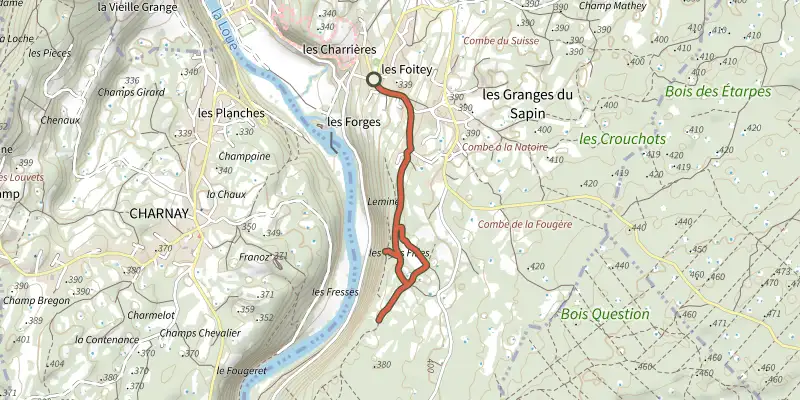 Map of the Murs & murmures - Petit circuit par le bois détourné track on OpenTopoMap, with the start and numbered waypoints