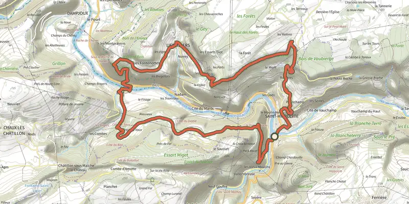 Carte du tracé de Grand Recet sur OpenTopoMap, départ et points de passage numérotés