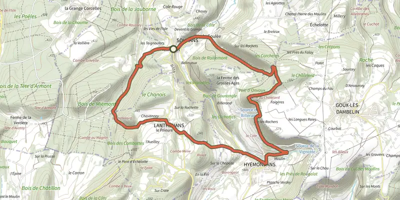 Map of the Par Monts et par Vaux track on the IGN map, with the start and numbered waypoints
