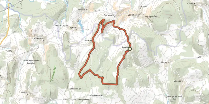 Map of the Pâturages et Forêts track on OpenTopoMap, with the start and numbered waypoints