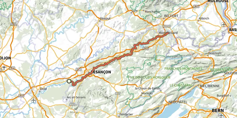 Map of the EuroVelo 6 track on the IGN map, with the start and numbered waypoints
