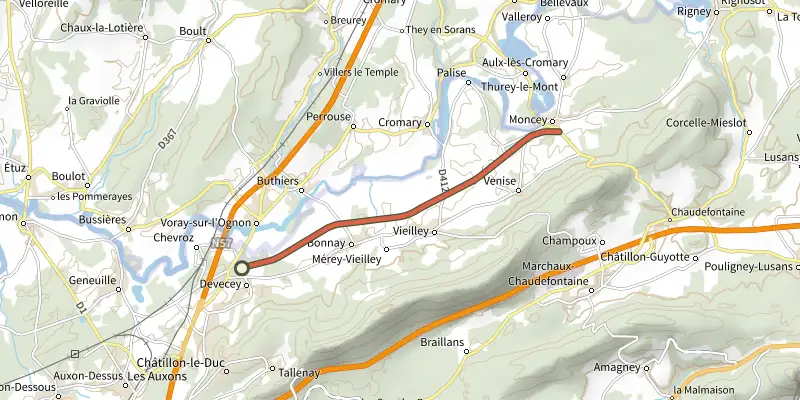 Map of the Chemin Vert track on the IGN map, with the start and numbered waypoints