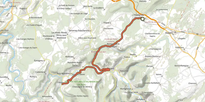 Carte du tracé de Voie Courbet sur OpenTopoMap, départ et points de passage numérotés