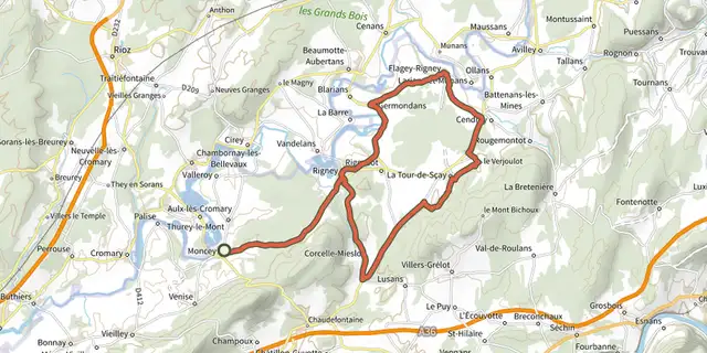 The Découverte de la Vallée de l'Ognon track on the IGN map