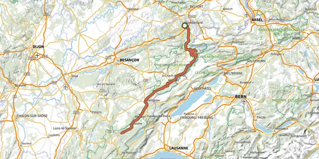The Grande Traversée du Jura Cyclo track on the OpenTopoMap map