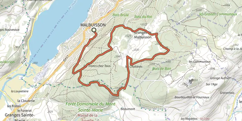 Carte du tracé de La Fuvelle - n° 6 sur le Plan IGN, départ et points de passage numérotés