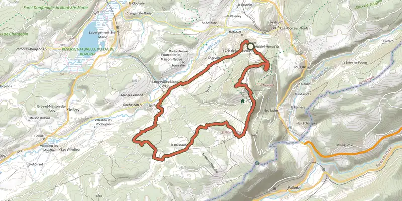 Carte du tracé de Alpages par les crêtes - n° 77 sur le Plan IGN, départ et points de passage numérotés