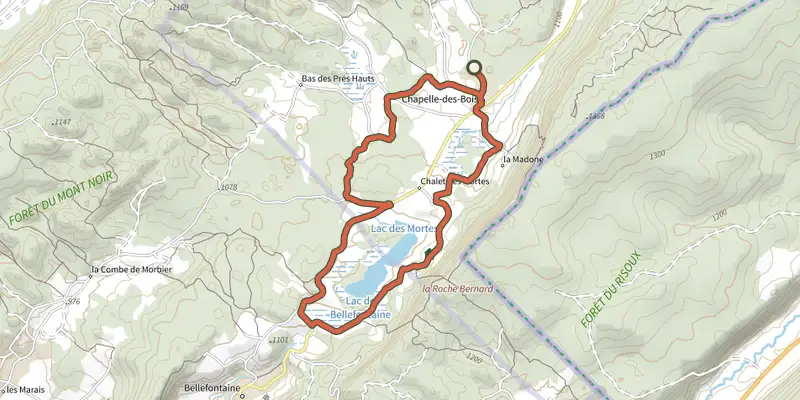 Carte du tracé de Tour des Lacs VTT - n°94 sur le Plan IGN, départ et points de passage numérotés