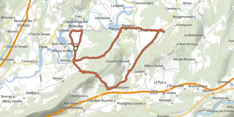 Carte du tracé de Vallée de l'Ognon sur le Plan IGN, départ et points de passage numérotés