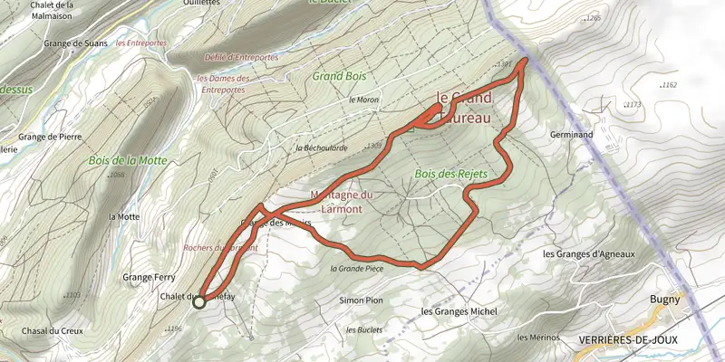 Carte du tracé de La Balade du Grand Taureau - n° 120 sur le Plan IGN, départ et points de passage numérotés