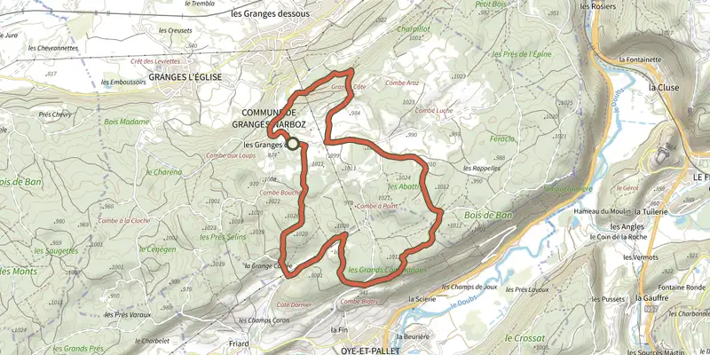 Carte du tracé de Les Granges-Dessus - n° 81 sur le Plan IGN, départ et points de passage numérotés
