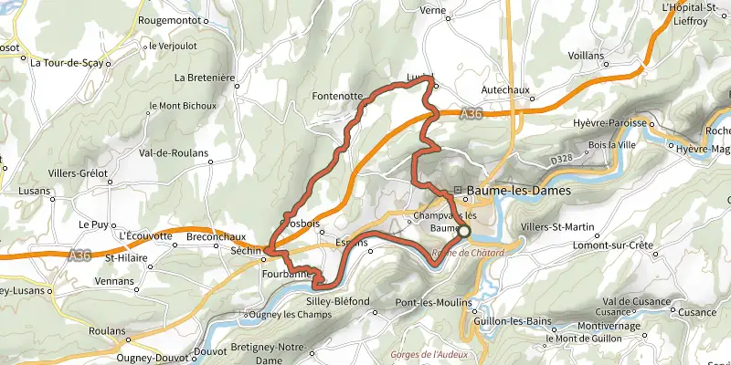 Map of the Luxiol - n° 67 track on the IGN map, with the start and numbered waypoints