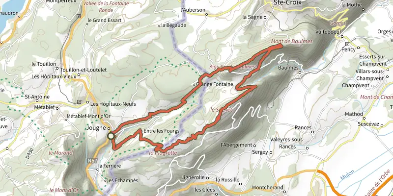 Carte du tracé de Les Aiguilles de Baulmes - n°22 sur le Plan IGN, départ et points de passage numérotés