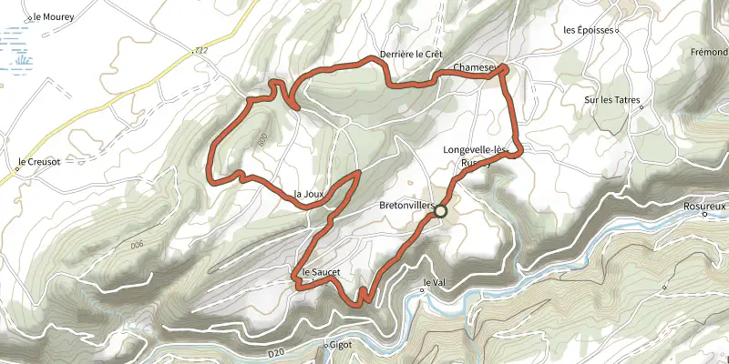 Carte du tracé de Hauts et Bas de Bretonvillers sur le Plan IGN, départ et points de passage numérotés