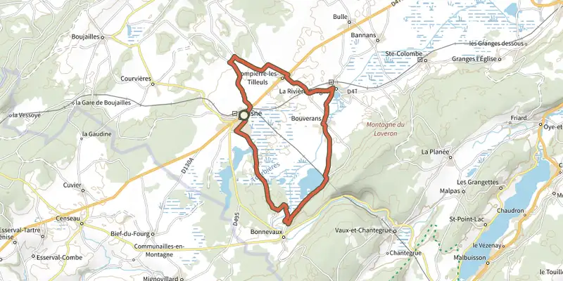 Map of the Lac et tourbières Frasne - Bouverans track on the IGN map, with the start and numbered waypoints