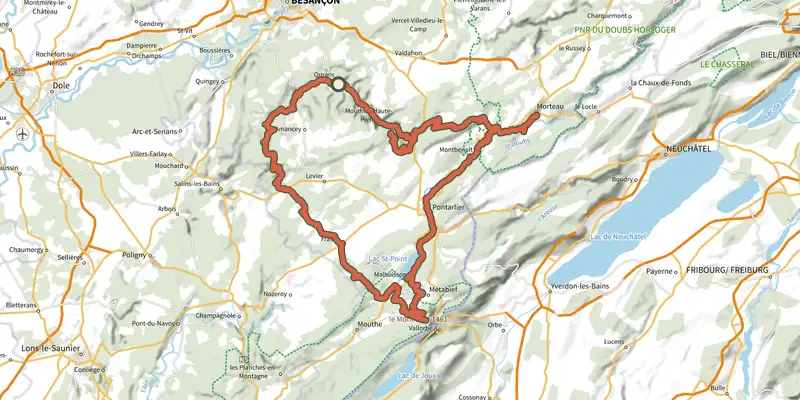 Map of the Aventure cyclo entre vallées, lacs et canyons track on the IGN map, with the start and numbered waypoints