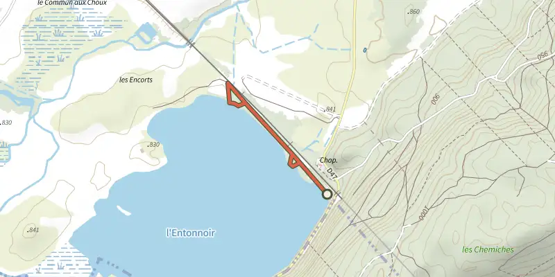 Map of the Lac de Bouverans track on the IGN map, with the start and numbered waypoints