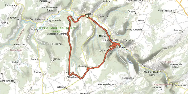 Carte du tracé de Gustave à bicyclette sur le Plan IGN, départ et points de passage numérotés