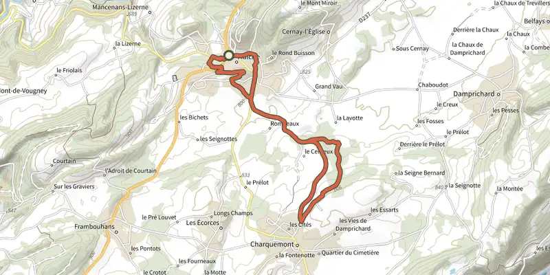 Carte du tracé de La voie du tacot - n° 30 sur le Plan IGN, départ et points de passage numérotés