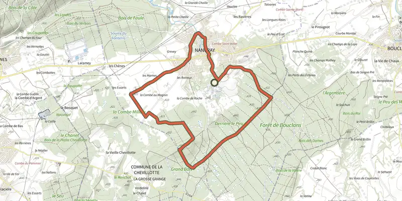 Carte du tracé de Les maisons comtoises - n° 21 sur le Plan IGN, départ et points de passage numérotés
