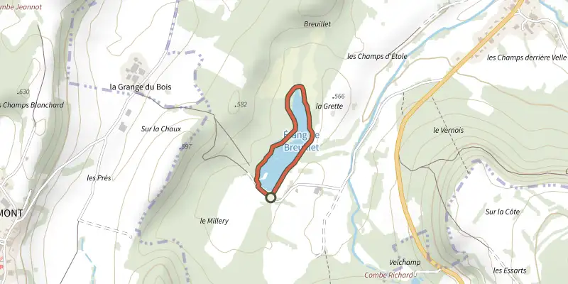 Carte du tracé de Étang de Breuillez sur le Plan IGN, départ et points de passage numérotés