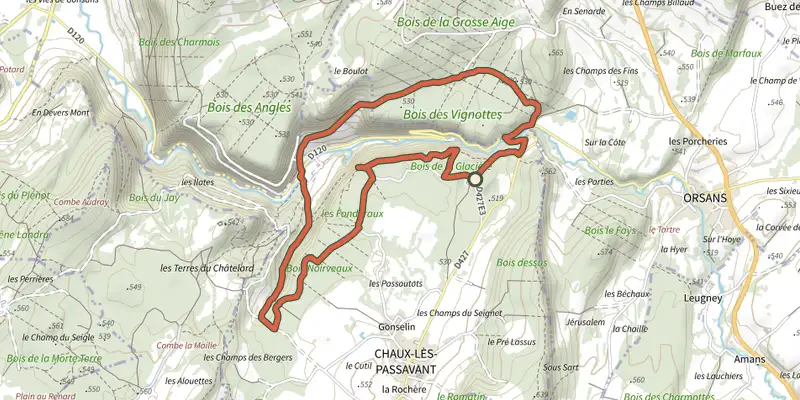 Map of the Grâce-Dieu track on the IGN map, with the start and numbered waypoints