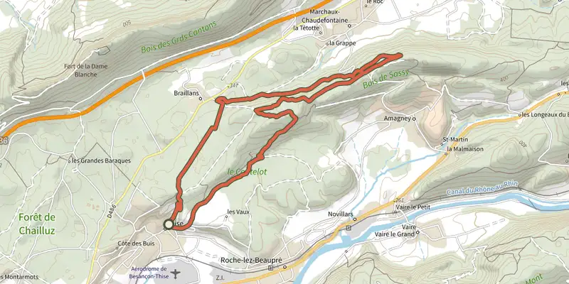 Carte du tracé de Côte Blanchard - n° 24 sur le Plan IGN, départ et points de passage numérotés