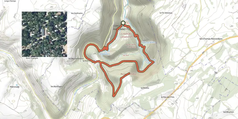 Carte du tracé de Roche du Prêtre sur le Plan IGN, départ et points de passage numérotés
