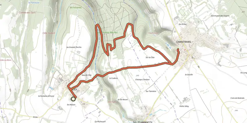 Map of the Sentier Courbet 3 : Sur les pas du peintre paysan track on the IGN map, with the start and numbered waypoints