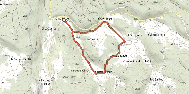 Map of the Prés-bois des Bâties VTT n° 103 track on the IGN map, with the start and numbered waypoints