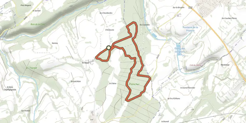 Carte du tracé de Le petite Ourse sur le Plan IGN, départ et points de passage numérotés