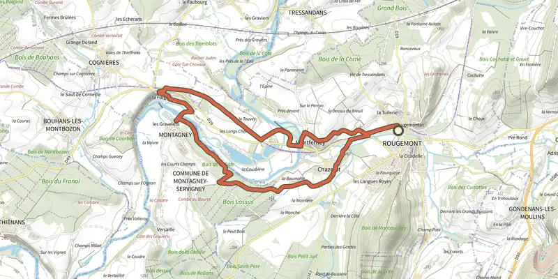 Map of the Les bords de l'Ognon track on the IGN map, with the start and numbered waypoints