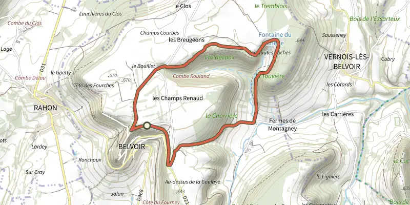 Map of the Hautes roches track on the IGN map, with the start and numbered waypoints