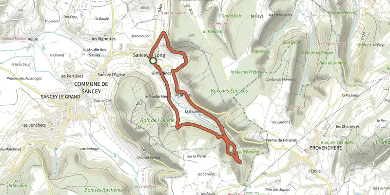 Map of the La Baume track on the IGN map, with the start and numbered waypoints