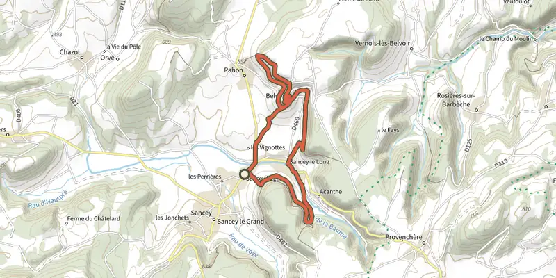 Map of the Sentier historique de Belvoir track on the IGN map, with the start and numbered waypoints