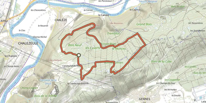Map of the Les Trois Portes track on the IGN map, with the start and numbered waypoints