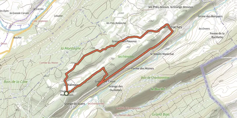 Carte du tracé de La Malmaison sur le Plan IGN, départ et points de passage numérotés