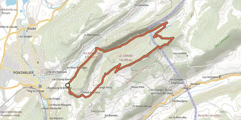 Carte du tracé de Sentier Montagnard du Grand Taureau sur le Plan IGN, départ et points de passage numérotés