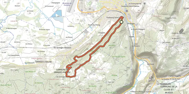 Map of the Les Granges Dessus track on the IGN map, with the start and numbered waypoints