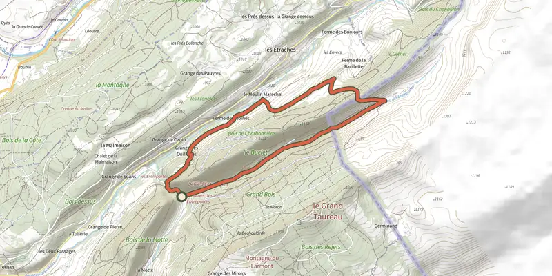 Map of the Chemin des Contrebandiers track on the IGN map, with the start and numbered waypoints