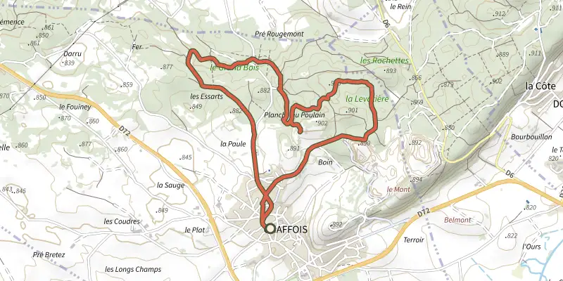 Map of the La Croix au Curé track on the IGN map, with the start and numbered waypoints