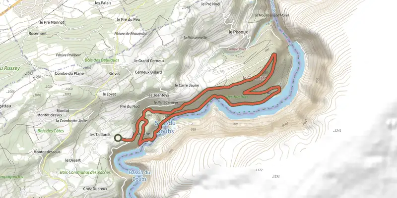 Map of the Saut du Doubs - Châtelard N°31 track on the IGN map, with the start and numbered waypoints