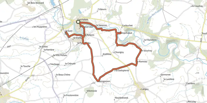 Carte du tracé de A la recherche de la Chevêche - boucle n°27 sur le Plan IGN, départ et points de passage numérotés