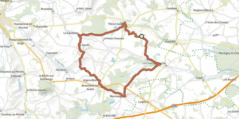 Carte du tracé de Les balcons du Perche - boucle n°7 sur le Plan IGN, départ et points de passage numérotés