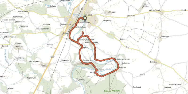 Carte du tracé de Sur la route de trompe-souris - boucle n°24 sur le Plan IGN, départ et points de passage numérotés