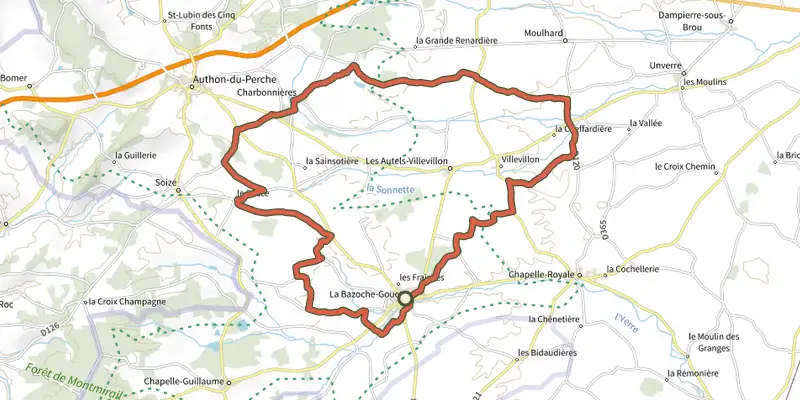 Carte du tracé de Sur les terres de Guillaume Gouet - boucle n°15 sur le Plan IGN, départ et points de passage numérotés
